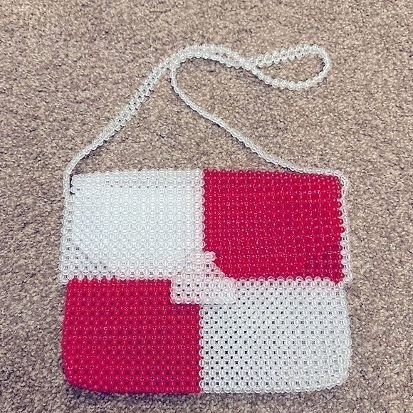 Nasalam bead bag tote red & clear white Pearl Bead Handle Mini Bag hobo handbag - Picture 1 of 8